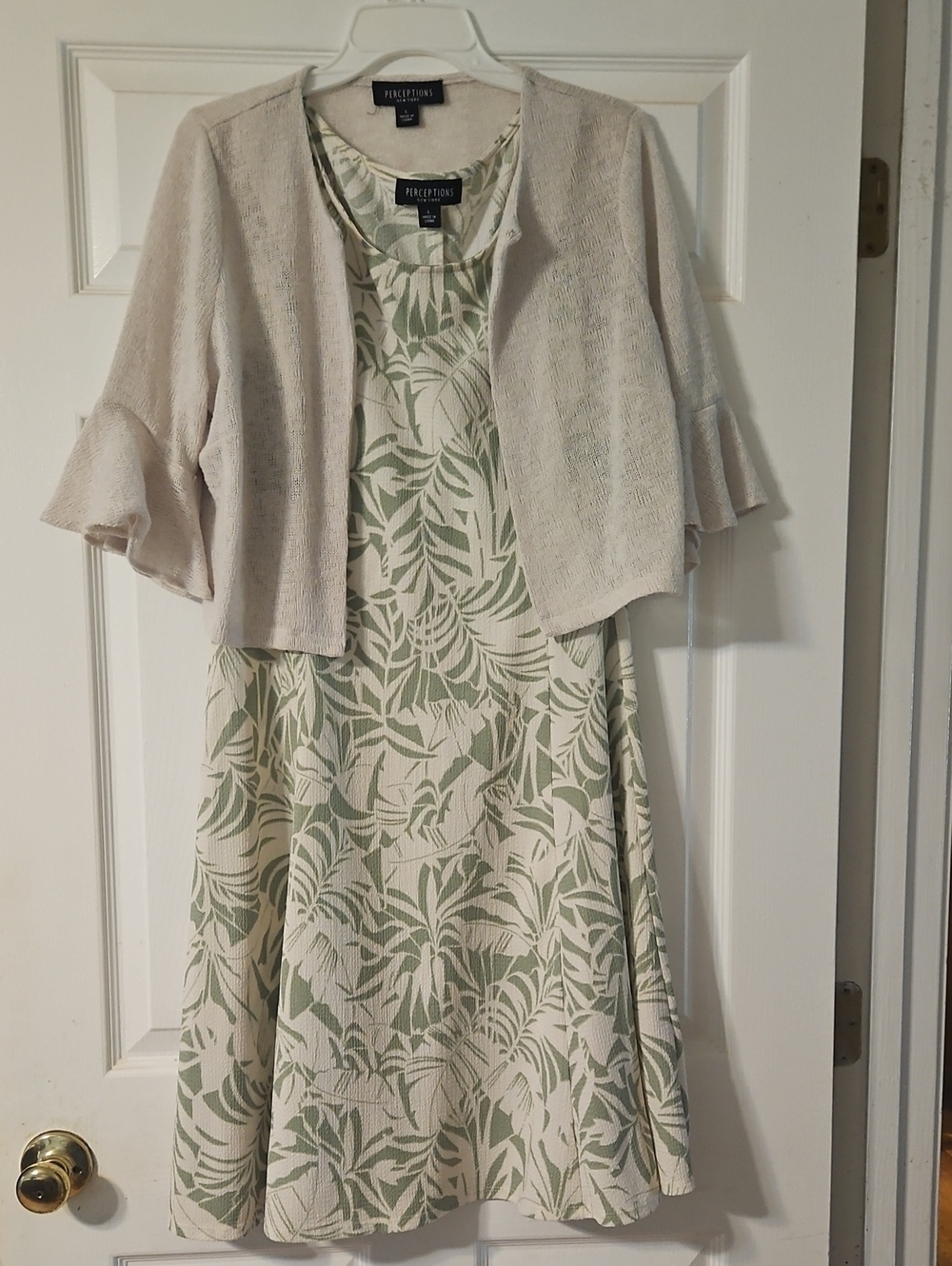 Perceptions Cream and Sage Leaf-Print A-Line Skirt with Jacket